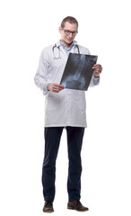 attentive doctor with an x-ray of the patient. isolated on a white