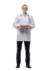 smiling doctor with a stack of books . isolated on a white