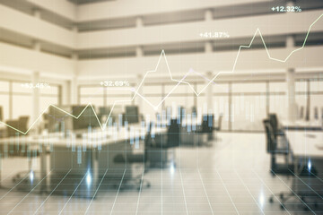 Abstract virtual financial graph hologram on a modern furnished office background, forex and investment concept. Multiexposure