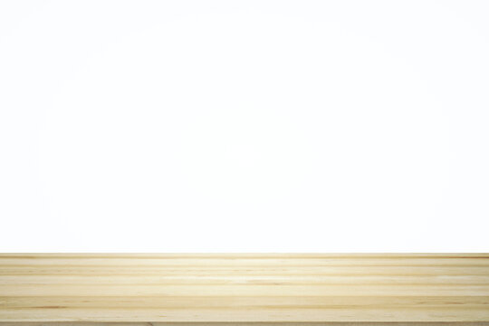 Blank wooden table top with white background, mockup