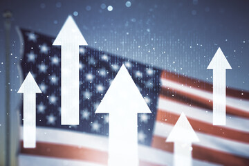 Virtual upward arrows illustration on USA flag and sunset sky background. Breakthrough and progress...