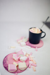 Cocoa chocolate cup with hot drink and white marshmallow on wood desk cozy background, cacao in mug on brown wooden rustic table, holiday coffee house shop, above top overhead view, copy space