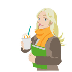 アイスドリンクを飲む金髪の女性