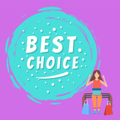 Marketing, cartoon customer female consumer returns from the store. Promotion of sales and discounts in the shop. Female character is sitting on a bench with box on her knees. Sale advertising