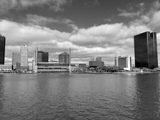 city skyline in black and white