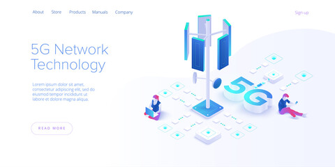 5g network technology in isometric vector illustration. Wireless mobile telecommunication service concept. Marketing website landing template. Smartphone internet speed connection background.