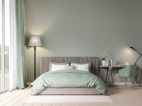 Bedroom In Pastel Green Color With Garden View 3D Render , The Room Has Wooden Floors, Empty Painted Walls, Green Fabric Furniture, Large Windows With Natural Views.