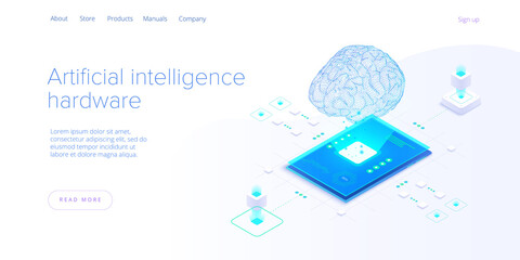 Artificial intelligence or neural network concept in isometric vector illustration. Neuronet or ai technology background with robot and human female. Web banner layout template.