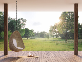 Wooden terrace with morning garden view 3d render, There are wooden floor,Decorate with rattan egg shaped chair,looking out over the large lawn.