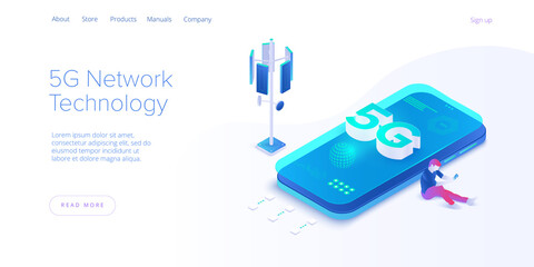 5g network technology in isometric vector illustration. Wireless mobile telecommunication service concept. Marketing website landing template. Smartphone internet speed connection background.