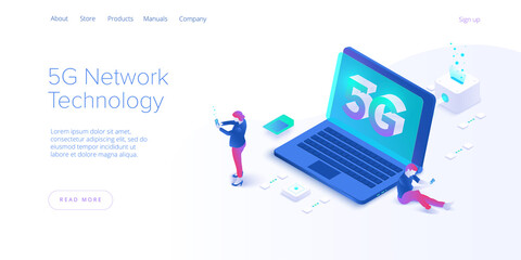 5g network technology in isometric vector illustration. Wireless mobile telecommunication service concept. Marketing website landing template. Smartphone internet speed connection background.