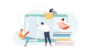 Library online. Reading people distance learning and courses. Vector illustration