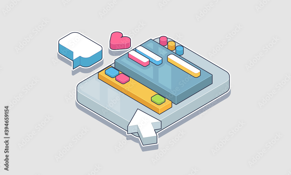 Poster abstract isometric concept app development. innovation in ui and software development. illustration 