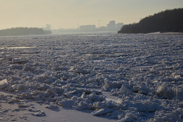 Embankment of the Irtysh river in Omsk in winter, in the evening. Russia.