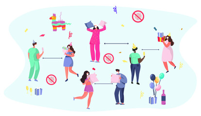Fototapeta na wymiar Birthday Party with Friends in Quarantine.Characters Celebrate Online Birthday Party in Mask during Covid 19.Self Isolation.Meeting With Friends.Flat Vector Illustration