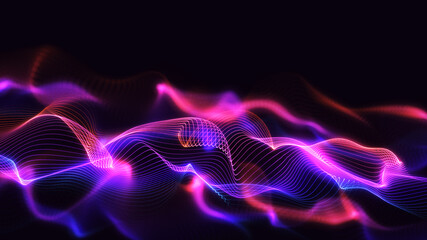 Digital abstract background illustration. Glowing wavy line particles with beautiful bokeh effect. Creative 3d design concept art