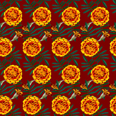 Seamless pattern with yellow Tagetes patula (French marigold) flowers and green leaves on red background. Endless colorful floral texture. Raster illustration.