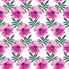 Plexiglas foto achterwand Naadloze patroon met roze Geranium bloemen en groene bladeren op witte achtergrond. Eindeloze kleurrijke bloementextuur. Rasterillustratie. © eestingnef