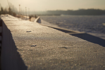 Embankment of the Irtysh river in Omsk in winter, in the evening. Russia.