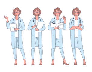 Flat design vector woman doctor with stethoscope character poses and actions set.