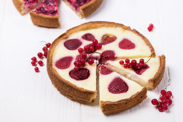 Close Up Tasty and Homemade Pie or Tart with Berry Dessert White Wooden Background Horizontal