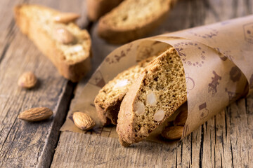 Homemade and Tasty Italian Snack Biscotti Cookies on Wooden Background Close Up Horizontal