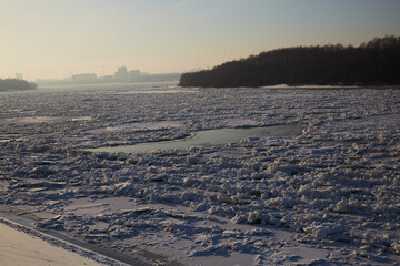 Embankment of the Irtysh river in Omsk in winter, in the evening. Russia.