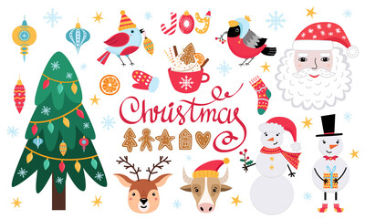 Set of cute Christmas and New Year elements. Santa Claus, fir tree, bull, deer, snowman, hot chocolate, gingerbread, bullfinch. Vector illustration isolated on white background. Flat cartoon design.