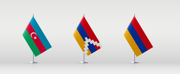 Nagorno-Karabakh, Azerbaijan and Armenia flags state symbols isolated on background. war between Armenia and Azerbaijan for independence of Artsakh Nagorno-Karabakh. banner with realistic desktop flag
