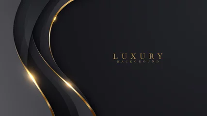 Foto op Plexiglas Luxe abstracte achtergrond met gouden lijnen op donkere, moderne zwarte achtergrond concept 3D-stijl. Illustratie van vector over modern template deluxe design. © witsanu