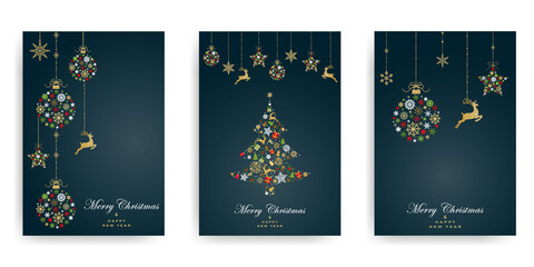 Obraz na płótnie Canvas Pack of greeting cards with Christmas ball, christmas tree and dear made from gold, red, green snowflakes on dark green background. Holiday pattern. Vector illustratio