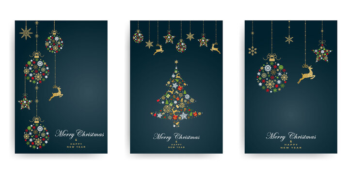 Pack of greeting cards with Christmas  ball, christmas tree and dear made from gold, red, green snowflakes on dark green background. Holiday pattern. Vector illustratio