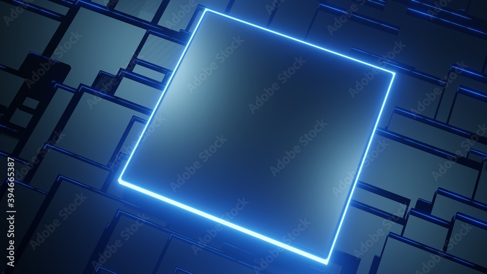 Poster 3D Rendering of blank computer chip with glowing edge and blocky  circuit main board. Copy space at center for your text, logo or products. 