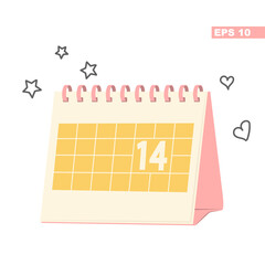 Desk calendar with highlighted date - 14. Concept for valentine's day or anniversary. Vector flat illustration isolated on white background. Pink-yellow with outline