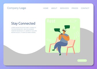 White Man Stay Connected sit Park. Social Network Landing Page Template. Young Man Flat Characters Chatting Using Smartphone Website or Web Page. Virtual Communication Concept Flat Flat illustration