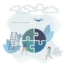 Business flat Team puzzle circle metaphor. People connecting puzzle round elements. Flat illustration flat design simple style. Symbol different races teamwork, heterosexual cooperation, partnership