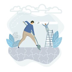 Flat digger man puzzle landing, great diggind design for any purposes. Successful business man working. Communication, connection concept. Corporate business puzzle concept. Successful business team