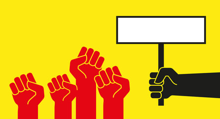 Red protest hands with raised fists. Vector illustration
