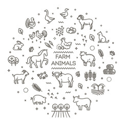 Farm animals, thin line style, flat design. vector icon set