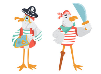 Vector pirate characters sheet. Funny animals sailors with a cutlass and magnifying glass searching treasure on the map.
