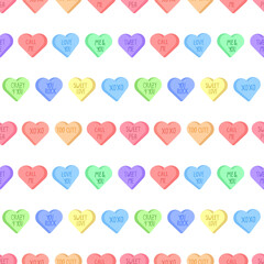 Colorful sweethearts seamless pattern for February, 14. Conversation hearts bright illustration.