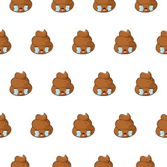 Vector crying poop emoji seamless pattern. Funny background with sad kawaii emoticon.