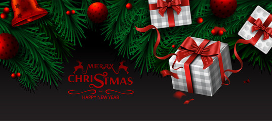 Merry Christmas and Happy New Year, Christmas tree Branches and Ornament