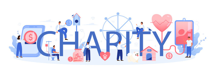 Charity typographic header. People or volunteer donate stuff to help