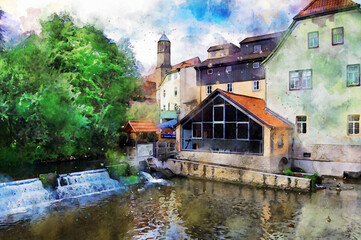 Watercolor painting of Erfurt and its new mill on city.