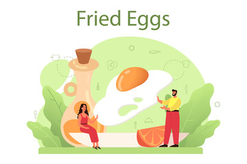 Obraz na płótnie Canvas Tasty fried eggs with vegetables and bacon for breakfast.