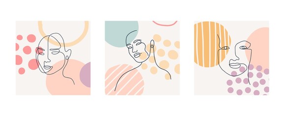 Contemporary poster set with trendy color abstract shapes and one line drawings of beautiful women faces