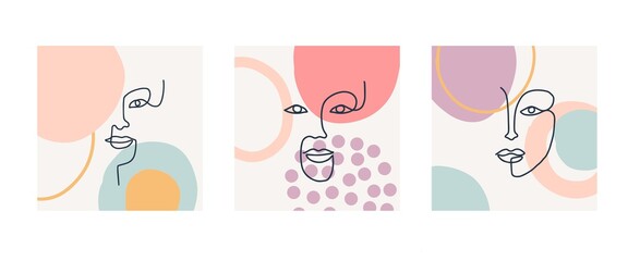 Contemporary poster set with trendy color abstract shapes and one line drawings of beautiful women faces