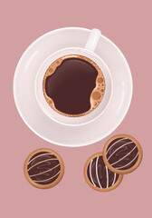 A cup of black coffee with cookies on pale pink background, vector illustration