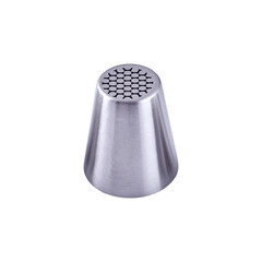 Stainless steel piping nozzle isolated on white background, copy space. Icing tip for decorating cakes and cookies. Frosting nozzle, icing